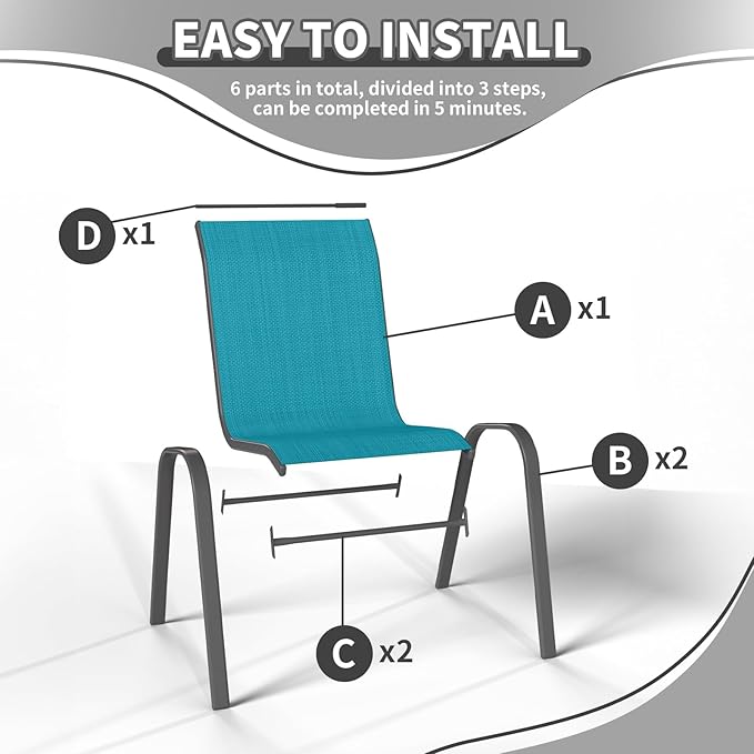 Patio Dining Chairs Set of 8, Stackable Dining Chairs High Back, Breathable Seat Fabric and Alloy Steel Frame Fit Backyard, Porch, Lawn，Poolside (Sky Blue)