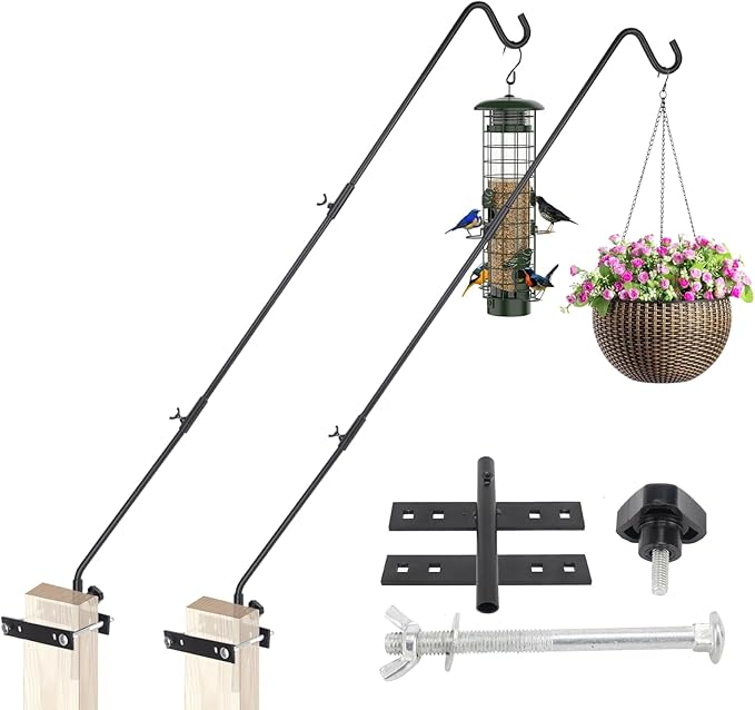 GDHSWJ 2 Pack Deck Hooks for Hanging Bird Feeders, 43" Adjustable Bird Feeder Hanger for Railing, 360° Swivel Clamp-On Plant Hook for Balcony, Porch, Lanterns, Wind Chimes
