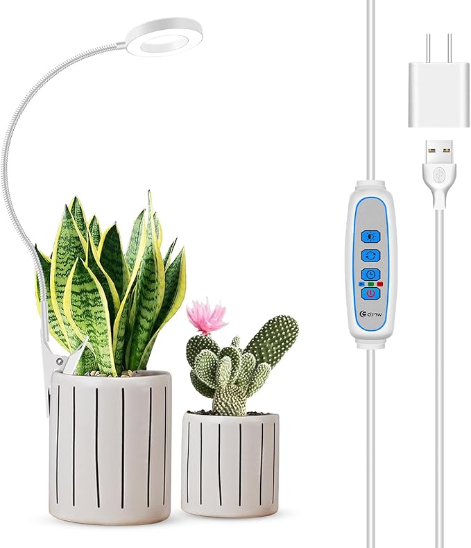 Xuligron Grow Light, LED Full Spectrum Plant Light for Indoor Plants, 2 Mounting Methods Clip or Plug, White Halo Plant Growing Lamp with 3 Light Modes, 6/12/16H Timer, 5 Level Dimmable