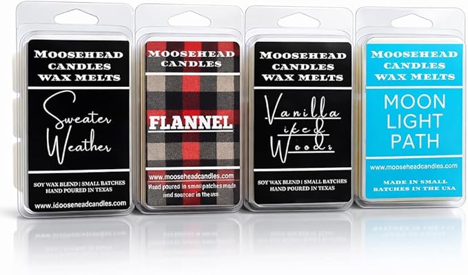 Moosehead Variety Pack Wax Melts – 4‑Pack Scents: Moonlight Path, Flannel, Sweater Weather & Iced Vanilla Woods – Highly Scented, Long‑Lasting Handmade Home Fragrance