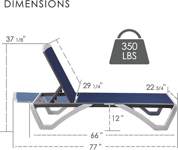 Kozyard Outdoor Chaise Lounge Chair, Full Flat Adjustable Patio Lounger with Aluminum Frame & Resin Legs, Textilene Fabric for Poolside, Backyard & Beach (Blue)