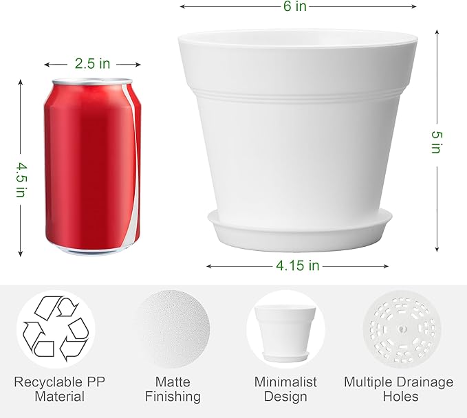 FHWTY 10 Pack Plastic Plant Pots with Drainage Holes and Tray, 6 inch Thickened Indoor Planters Seedlings Nursery Pots for Flowers, African Violet, Succulent and All House Plants, White