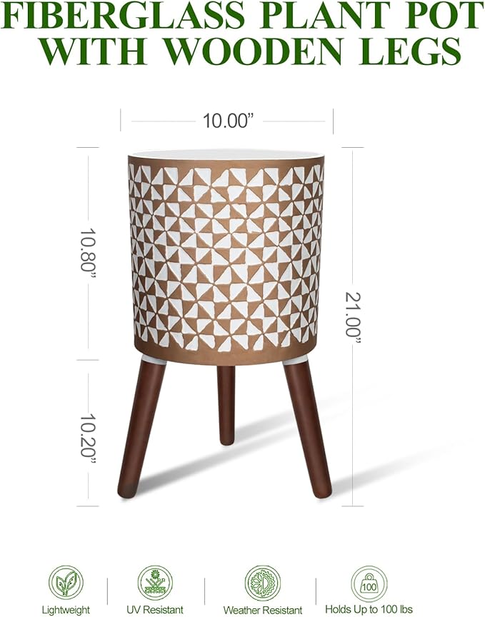 Opnons 10 Inches Plant Pots with Wood Stand Large Modern Standing Planters for Indoor Mid Century Flower Pot with Drainage Holes Big White & Gold Planters for Living Room, Office, Garden or Balcony