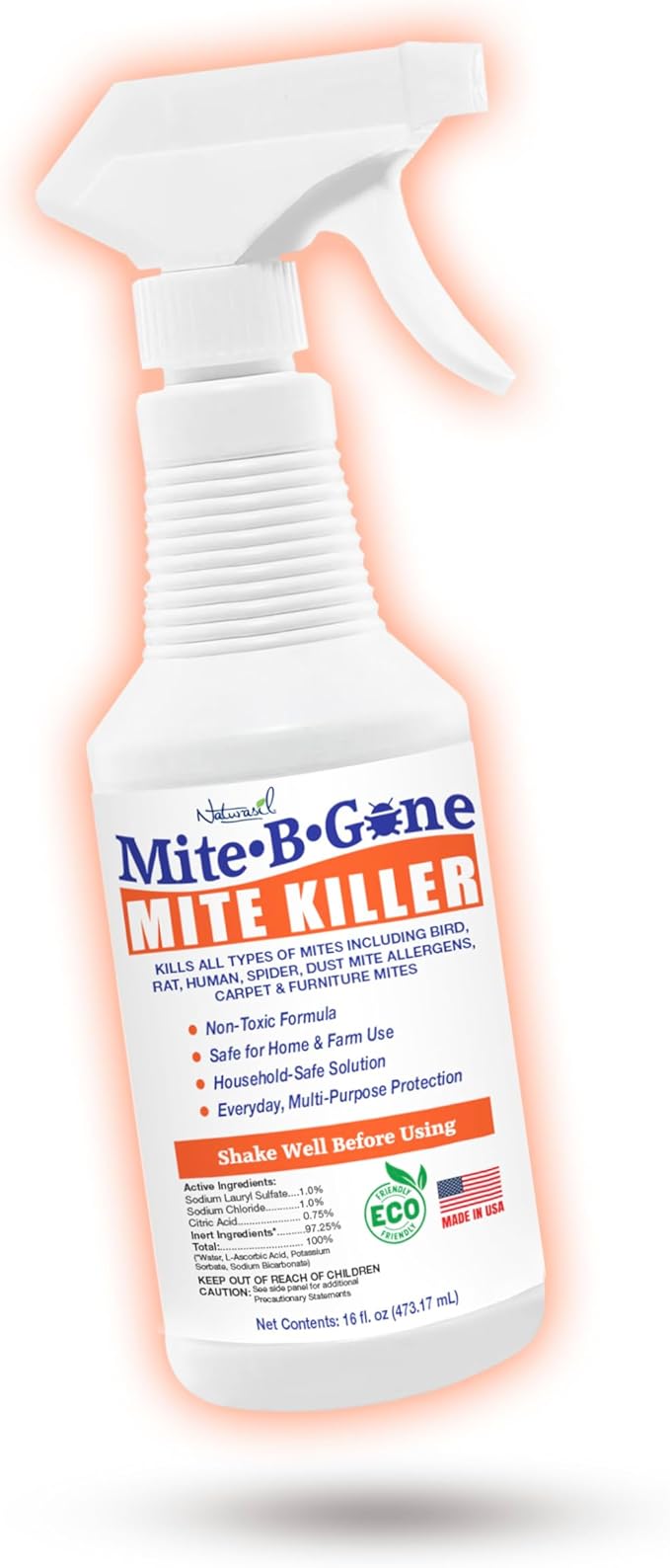 Mite Killer Spray by Mite-Be-Gone - 16oz | Naturally Kills Human Mites, Chicken, Bird, Dust, Spider, Rat, Turkey, Carpet Mites | Family & Pet Safe Treatment for Homes, Furniture, Bedding & Farms