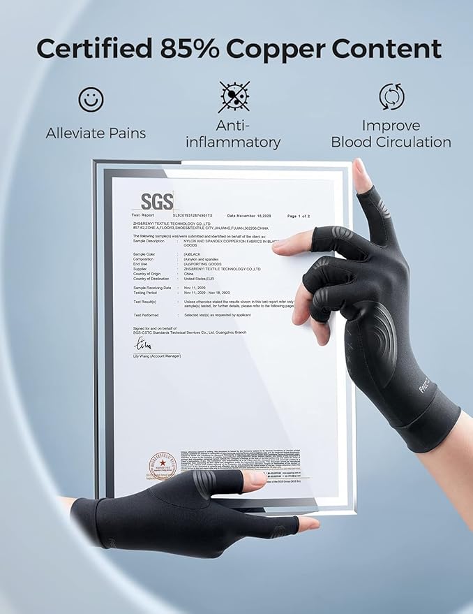 FREETOO Copper Arthritis Gloves for Pain Relief, Strengthen Compression Gloves to Alleviate Hand Pains,Swelling, Fingerless Computer Typing Gloves for Rheumatoid, Tendonitis Women/Men S-Size