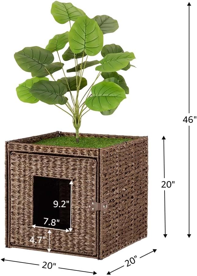 unipaws Cat Litter Box Enclosure with Faux Plant and Litter Mat, Hidden Handwoven Rattan Planter Cat House Furniture, DIY Decoration on Square Top by Yourself, for Living Room, Bedroom, Corner