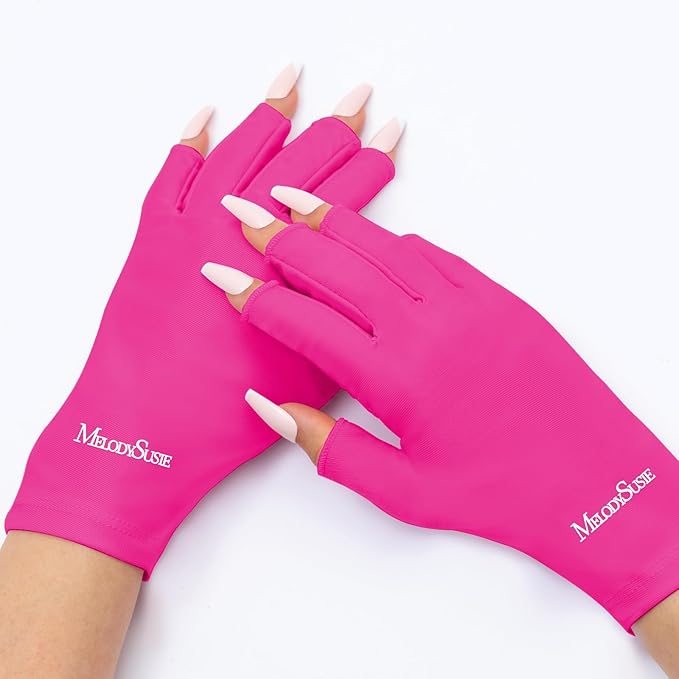 MelodySusie Premium UV Protection Gloves for Manicures, Cool Feeling Fabric,Professional UPF50+, UV Nail Gloves for Gel Nail Lamp, Anti UV Light, Skin Care Fingerless Design, Neon Pink