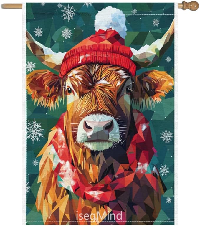 Highland Cow with Red Scarf and Hat Snowflake Christmas Garden Flag, 28x40 Inch Double Sided Linen Holiday Red Winter Farmhouse Yard Outdoor Decoration (4323)