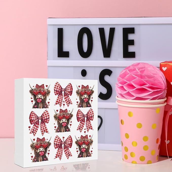 Valentines Day Decorations, Valentines Day Gifts for Her Him, Gift for Boyfriend Girlfriend, Vintage Bow Highland Cow Anniversary Wooden Box Sign Husband Wife Home Office Bedroom Desk Decor