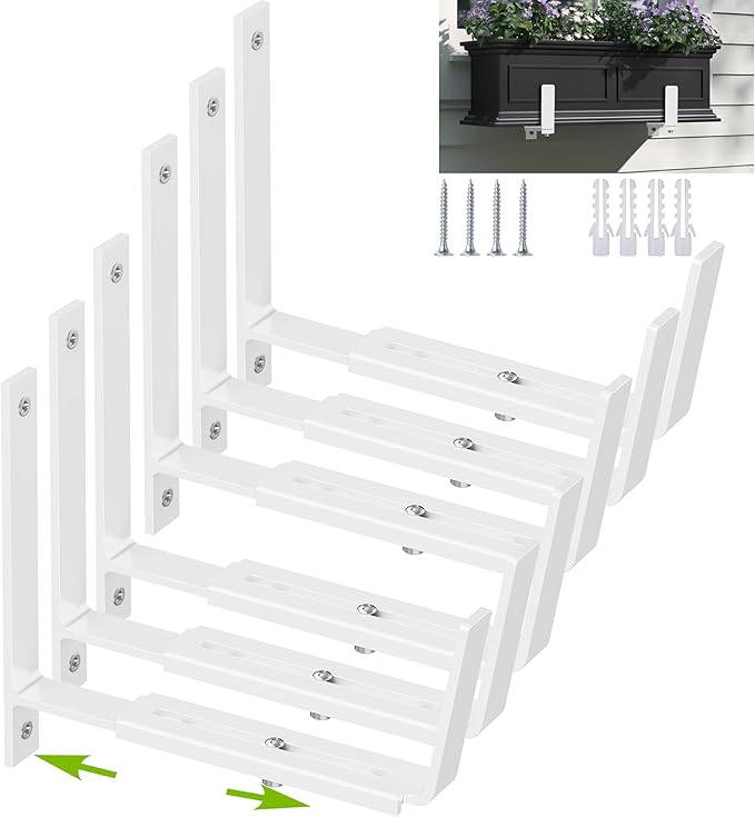 Y&M 6 PCS Adjustable Window Box Brackets for Planter Box, Heavy Duty Wall Mounted Hooks Hangers for Flower Baskets Holder Durable, Brackets for Fence Patio Garden Balcony