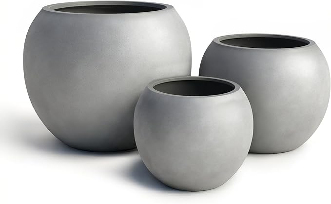 DTY Signature Mount Sherman 12.6''D x 9.8''H Modern Indoor Outdoor Fiberstone Sphere Planter, Durable Round Garden Pot, Weather Resistant, Drainage Hole & Rubber Plug - Small, Gray