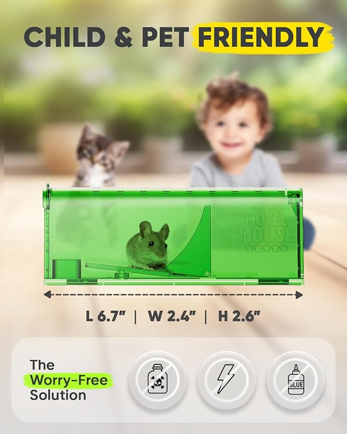 Motel Mouse Humane Mouse Traps No Kill Live Catch and Release 2 Pack - Reusable, Easy to Use & Clean, No Touch Release, Sensitive Includes Cleaning Brush, Instruction Manual & Video - Mousetrap Indoor