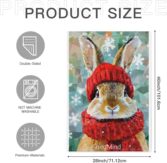 Rabbit with Red Scarf and Hat Snowflake Christmas Garden Flag, 28x40 Inch Double Sided Linen Holiday Red Winter Farmhouse Yard Outdoor Decoration (4337)