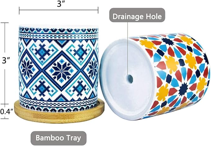 Ascrafter 6 Pack Mandala Succulent Plant Pot with Bamboo Trays, Ceramic Multicolored Succulent Container Planter Pot for Small Plant