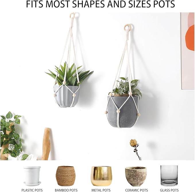 Artilady Hanging Planter for Indoor Plants Macrame Plant Hanger Large Hanging Plant Holder with Adjustable Beads Plants Basket White Rope Boho Plant Wall Decor (White Bead)