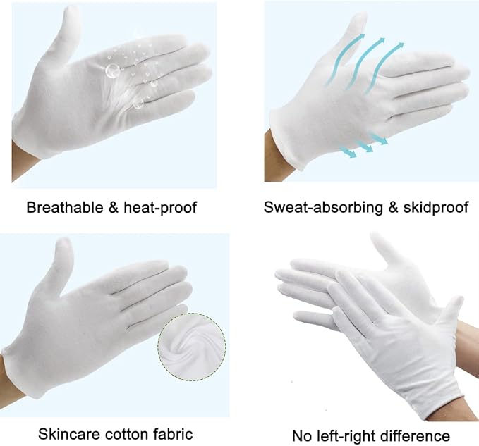 12Pairs White Cotton Gloves for Eczema and Dry Hands - Breathable Work Glove Liners - Moisturizing SPA Soft Jewelry Inspection Gloves - Stretchy Fit Cloth Gloves for Most Women