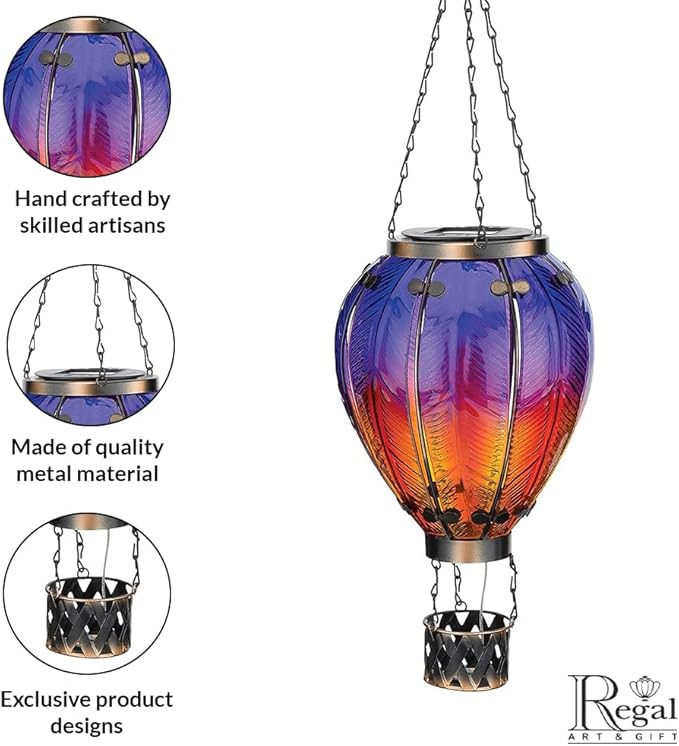 Regal Art & Gift 23.5 Inch Hot Air Balloon Solar Lantern – Hanging Solar-Powered LED Lights, Waterproof Portable Decorative Outdoor Lamp Made of Metal & Glass for Garden, Patios & Pathway – Purple