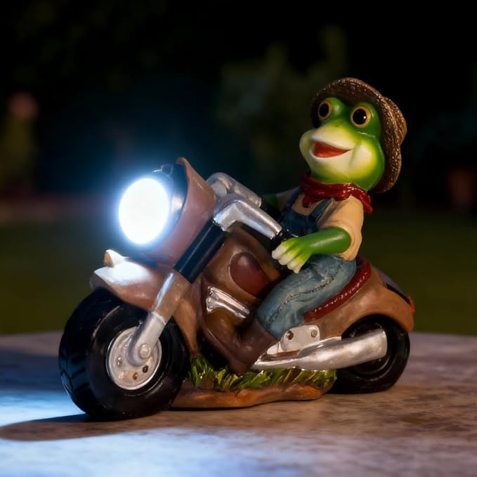Solar Frog Motorcycle Statue Light-Outdoor Garden Decor Figurine with LED Headlight,-Resin Frog Riding Motorbike Ornament for Patio, Yard, Lawn, Pathway- Unique Housewarming Gift
