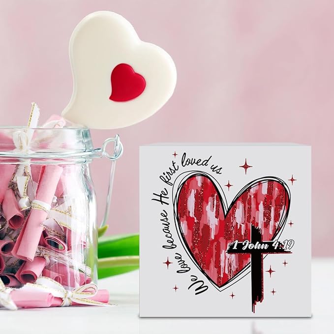 Valentines Day Decorations, Valentines Day Gifts for Her Him, Gift for Boyfriend Girlfriend, Heart Cross Jesus Bible Verse Anniversary Christian Wooden Box Sign Wife Home Office Bedroom Desk Decor