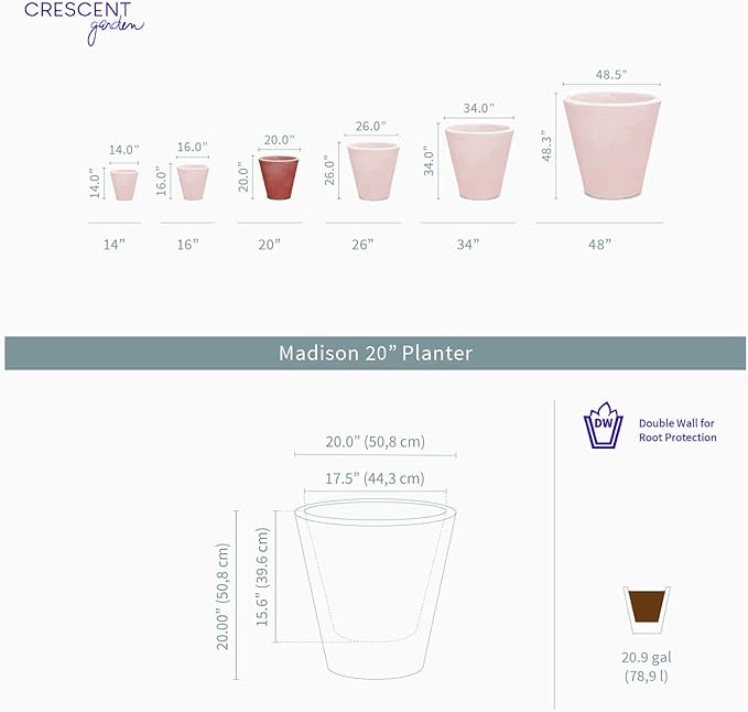 Crescent Garden Madison Planter– Weather-Resistant, Double Walled Indoor/Outdoor Plant Pot with Drain Hole – Durable All-Season Flower Container, 20" W (Old Bronze)