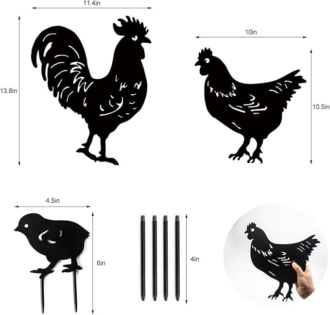 TT & MM Christmas Chicken Gifts for Women/Men,Metal Chicken Yard Decor 3 Pcs Rooster Decorations Garden Stakes,Hen/Chicks Silhouette Statues for Yard Art,Backyard,Patio,Lawn,Outdoor Decor