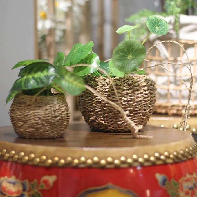 Hanging Planter, Rope Handled Wicker Basket for Indoor Plants, 10X10X9cm/3.93X3.93X3 inches, Light Brown