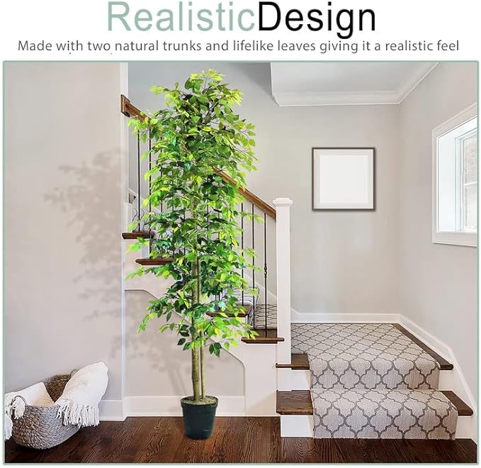 LCG Florals 10ft Artificial Ficus Tree in Black Plastic Pot - Real Wood Trunk, Preassembled, No Maintenance Indoor Faux Plant - Living Room, Home & Office Decor