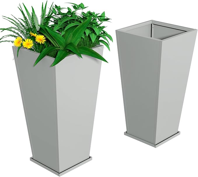 NUWJBYE Tall Metal Planter Box, 15" L x 15" W x 30" H 2-Pack Outdoor Planters with Removable Tray, Heavy Duty Steel Front Porch Planters for Patio, Balcony, Indoor(Gray)