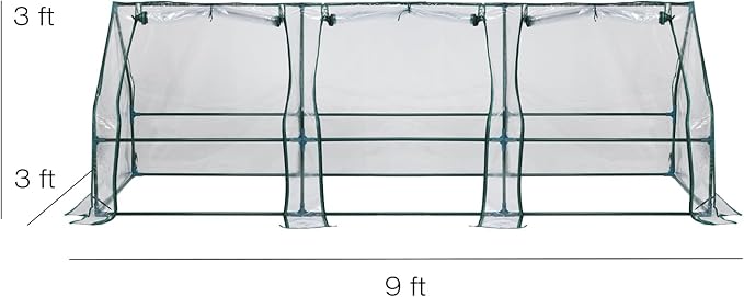 Aoodor 9 x 3 x 3 ft Mini Greenhouse with 3 Zipper Doors, Water-Resistant, UV-Protected for Flowers, Vegetables, and Herbs, Transparent
