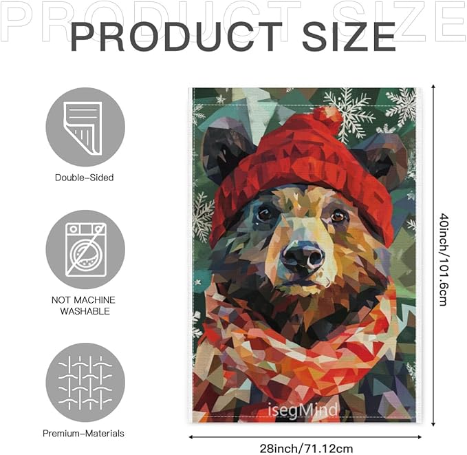 Bear with Red Scarf and Hat Snowflake Christmas Garden Flag, 28x40 Inch Double Sided Linen Holiday Red Winter Farmhouse Yard Outdoor Decoration (4322)