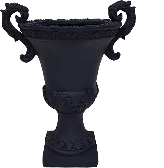 Christopher Knight Home Jorine Patio Planter, Light Concrete Planter, Mid-Centry Gadern Urn, Floral Relif Design Plant Pot, Large Garden Pot, Flower Urn with Drainage Hole for Backyard Home, Black