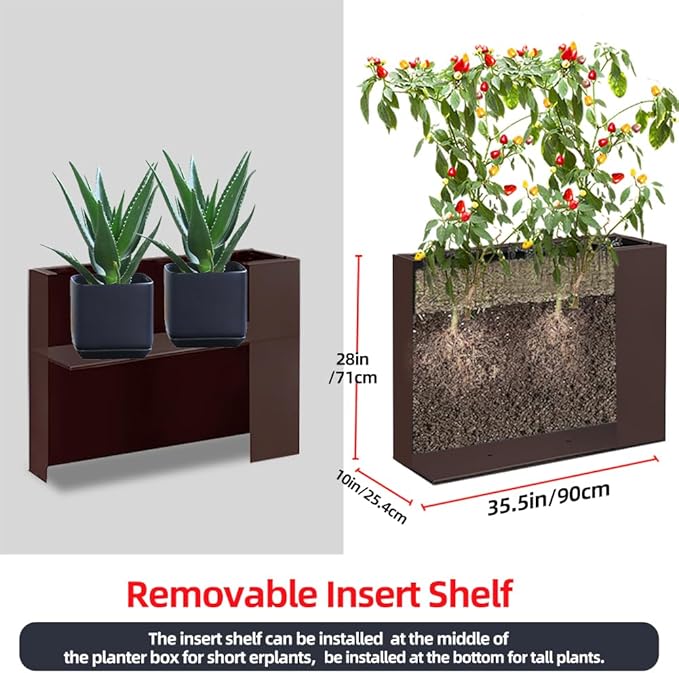Megawodar Metal Tall Long Planter Box Large Rectangular Planter Flower Pot with Drainage Holes for Indoor Outdoor Deck Porch Garden Home Patio Front Door (Espresso, M)