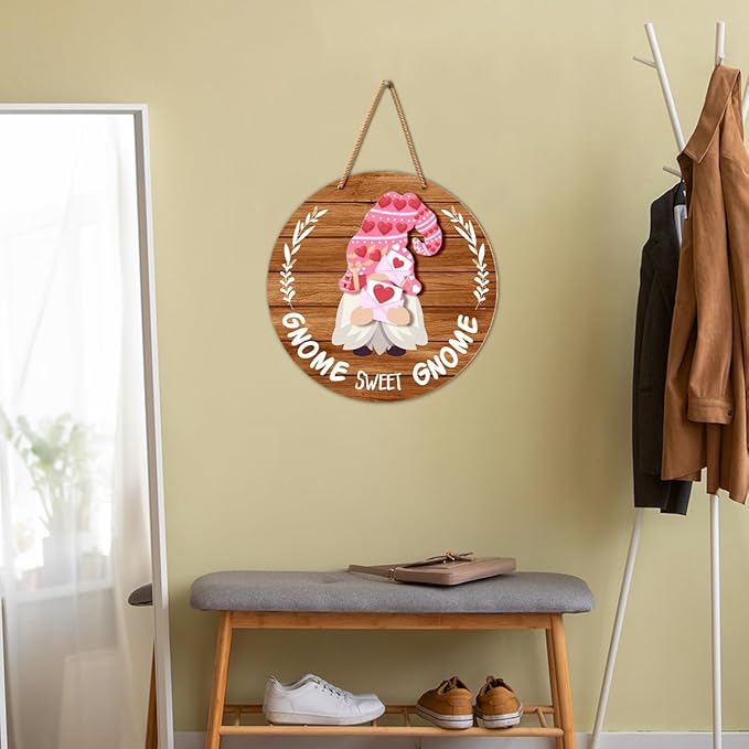 Interchangeable Gnome Welcome Sign Valentine's Day Door Decorations, Changeable Seasonal Front Porch Decor Wood Wreath Gnomes Gifts for Spring Summer Fall Winter All Seasons Holiday, Light Brown