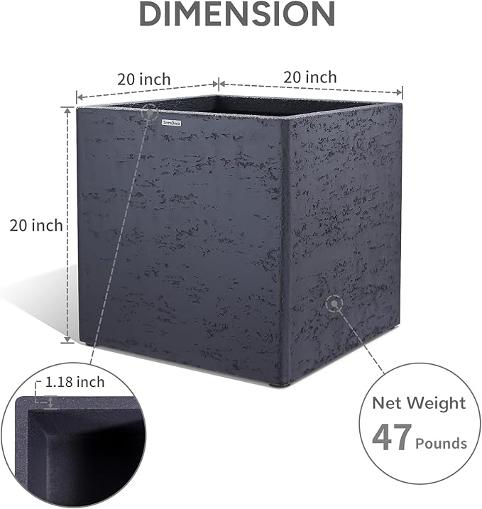 TerraDeco 20 Inch Square Concrete Planter（20Lx20Wx20H，48 Pounds）,Durable All-Weather Use with Drainage Holes,Large Square Planter for Outdoor Indoor Plants