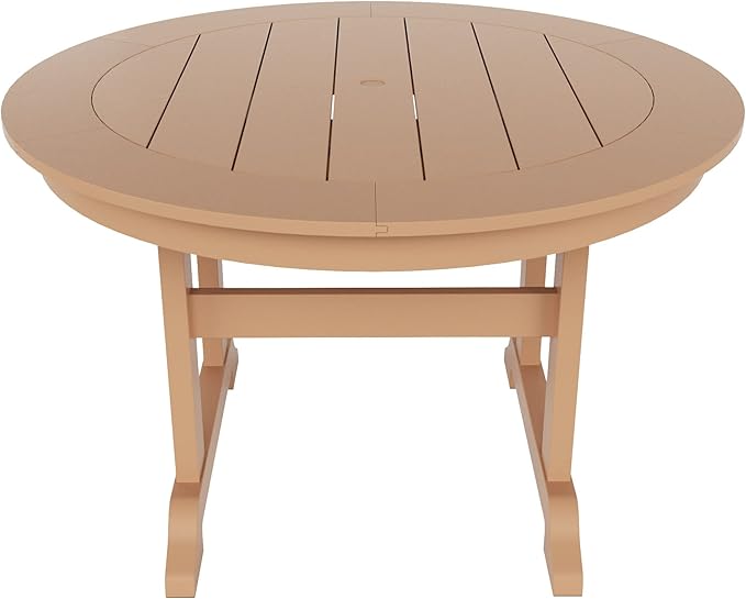 WestinTrends Malibu 5 Piece Adirondack Patio Dining Set, All Weather Poly Lumber Outdoor Table and Chairs Furniture Set, 47" Trestle Round Dining Table and 4 Adirondack Dining Chair, Teak