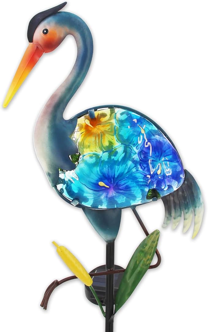 WUFEILY Heron Solar Garden Lights, Hand-Painted Glass Solar Garden Decor, Lawn Ornaments Solar Stake Lights Yard Art Solar Landscape Lights for Patio Lawn Yard Porch Decor