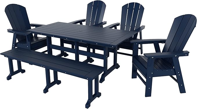 WestinTrends Malibu 6 Piece Adirondack Patio Dining Set with Bench, All Weather Poly Lumber Outdoor Table and Chairs, 71" Trestle Dining Table, 4 Adirondack Chair with Dining Bench, Navy Blue