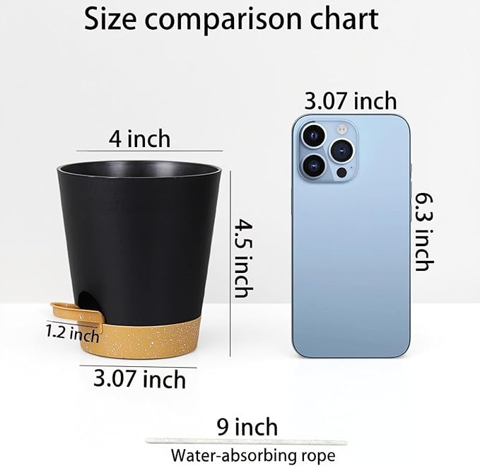 zople 12 Pack 4 Inch Self Watering Plant Pots with Drainage and Saucers，Plastic Flower Pots for Indoor and Outdoor Plants, Nursery Planters for Houseplants and Herbs Black Brown, 4 inch 12pcs