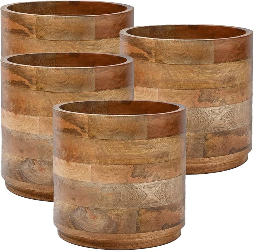 Serene Spaces Living Mango Wood Cachepot Set of 4, 9" Diameter & 8.5" Tall, Suitable for Indoor Potted Plants