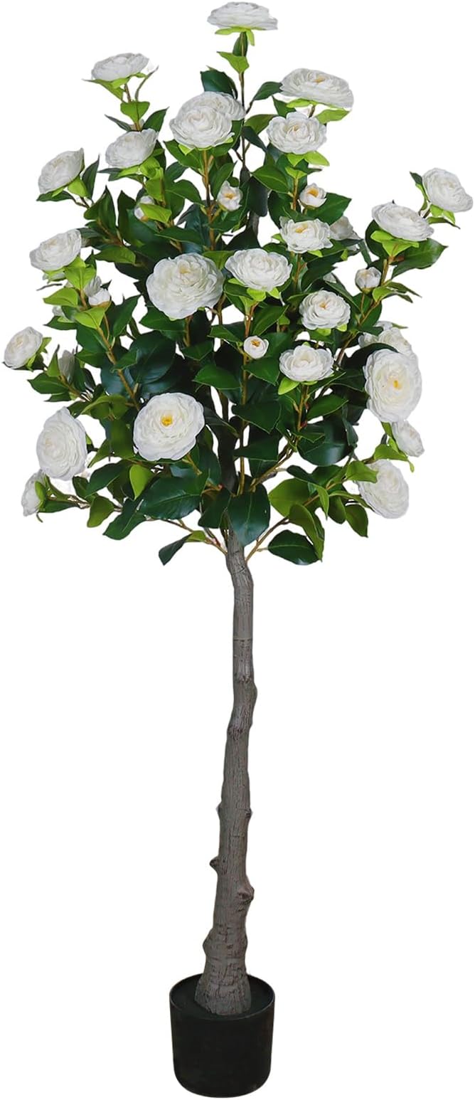 4.9FT Artificial Camellia Tree Outdoor - 40 Flowers, White Faux Potted Plant, Indoor Outdoor Decor for Home, Office, Porch, Patio, Pack of 1