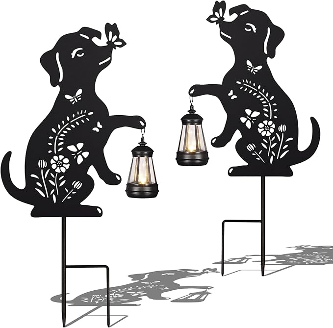 2Pack Solar Outdoor Garden Lights Stakes Solar Metal Flower Dog Lawn Deco Statue Patio, Outdoor Decor, Garden Decorations, Lawn Ornaments