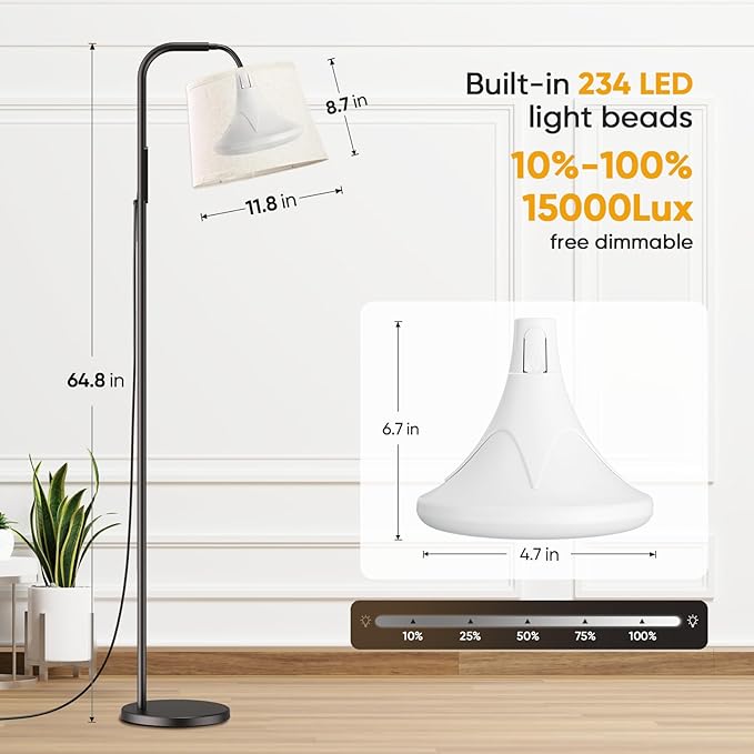 Caromolly Light Therapy Lamp, 10000 Lux Daylight Lamp with Remote & Touch Control, Adjustable Color/Brightness/Timer, Therapy Light Floor Lamp with Linen Shade for Bedroom, Office, Living Room