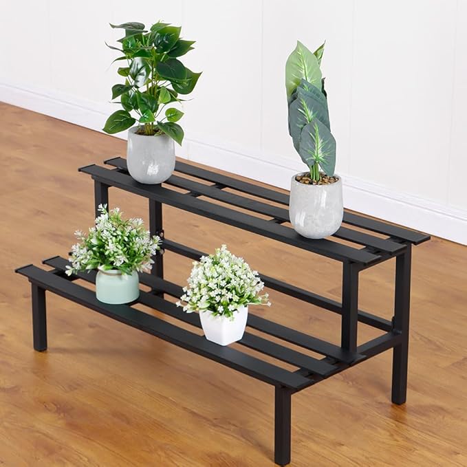 DHYGOTFUR Sturdy 2-Tier Metal Plant Stand for Outdoor & Indoor, Decorative Planter Display Shelf Unit for Garden Patio Balcony Living Room