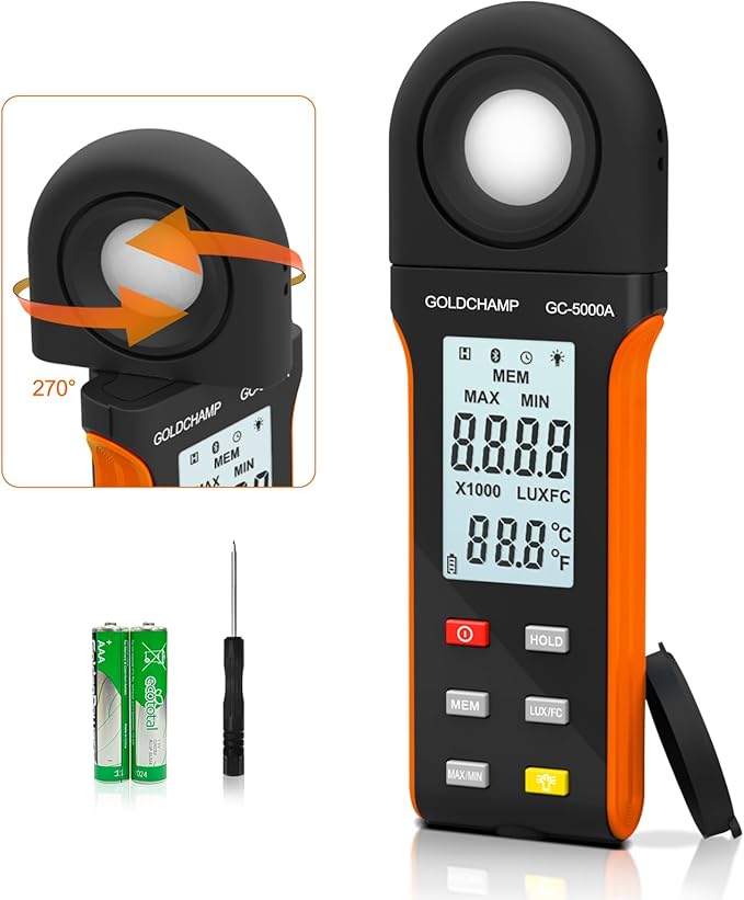 Digital Light Meter, Handheld Lux/Foot Candle Meter Range up to 400,000 Lux, 270º Rotated Sensor, Data Retention, Temp (℃/℉) with Data Logging for Plants LED Lights, Aquarium, Schools, Offices