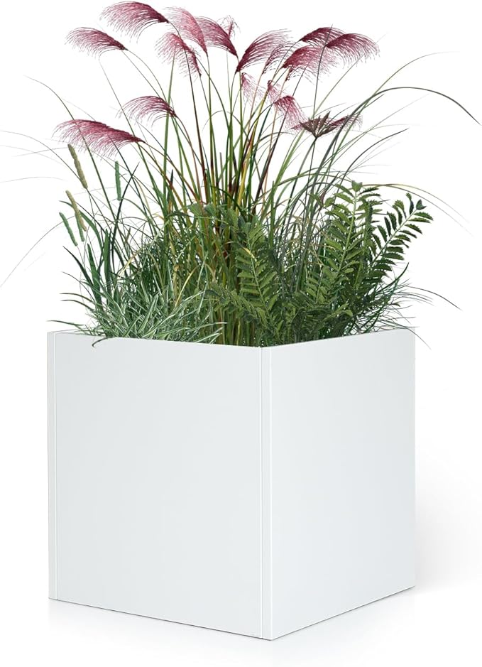 GZGNEEVL White Outdoor Planter Square Steel Planters Galvanized Steel Planter Box 20 Inch Indoor Metal Large Planters Cube Heavy Duty Modern Commercial Residential for Trees Patio Yard Garden