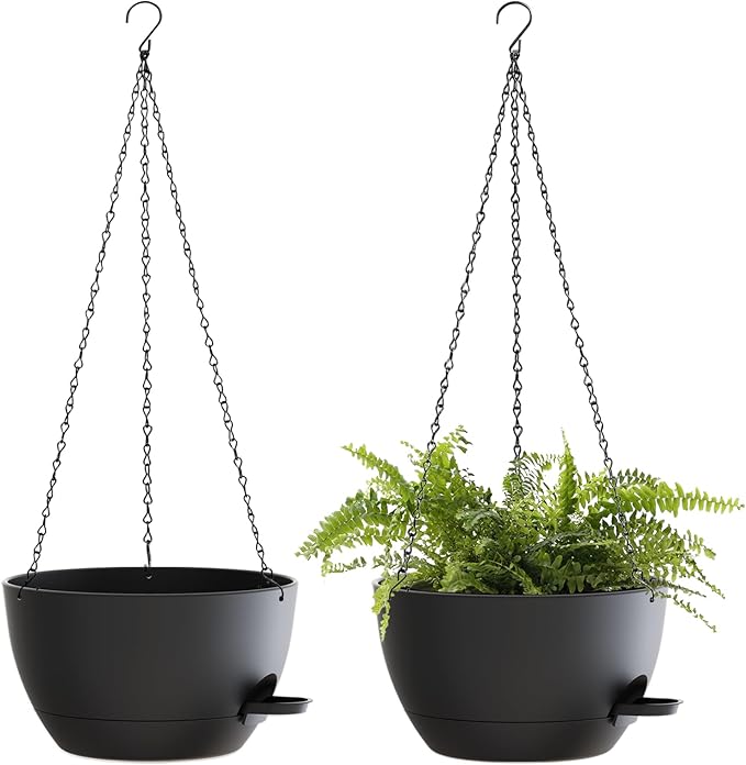 SQKH 10 Inch Hanging Baskets 2 PC with Chains, Self-Watering Hanging Planters for Indoor Outdoor Plants, Plastic Hanging Flower Pots,Black