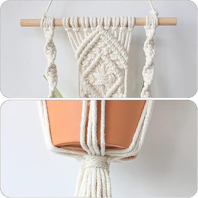 Artilady Boho Macrame Plant Hangers - Handmade Hemp Rope Hanging Baskets for Plants with Ceiling Hooks, Bohemian Home Decor Wall Art (White Wood Hanger)