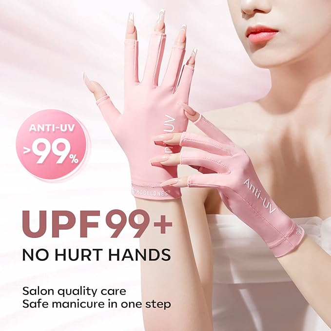 modelones UV Gloves for Gel Manicures, Professional UPF99+ Anti UV Protection Gloves for Gel Nail Lamp (Pink)