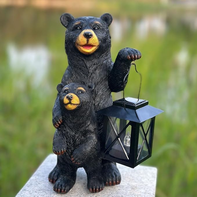 Solar Powered Black Bear Statue Decorative Lights - 10 Inch 1 Pack Black Bear Statue Outdoor Garden Patio Tabletop Decoration, Best Garden Gift for Mom, Lady