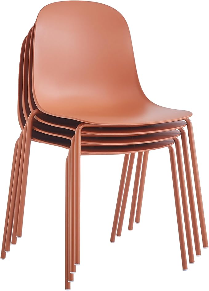 Plastic Stackable Dining Chairs Set of 4, Modern Outdoor Patio Chairs with Metal Legs for Patio Cafes, Restaurants and Office Waiting Room (Terracotta)